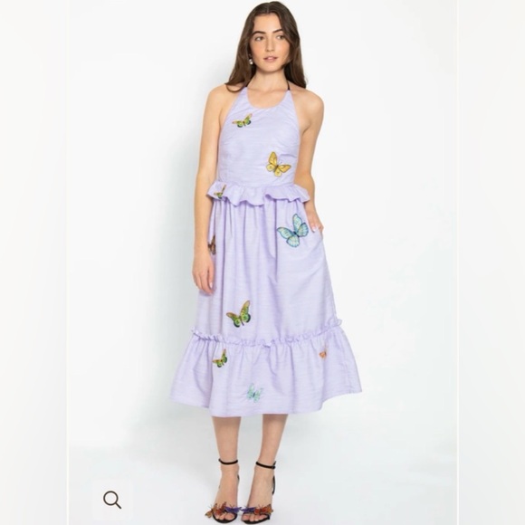 Fanm Mon Lavender Butterfly Didem Midi Ruffle Halter Dress- Medium